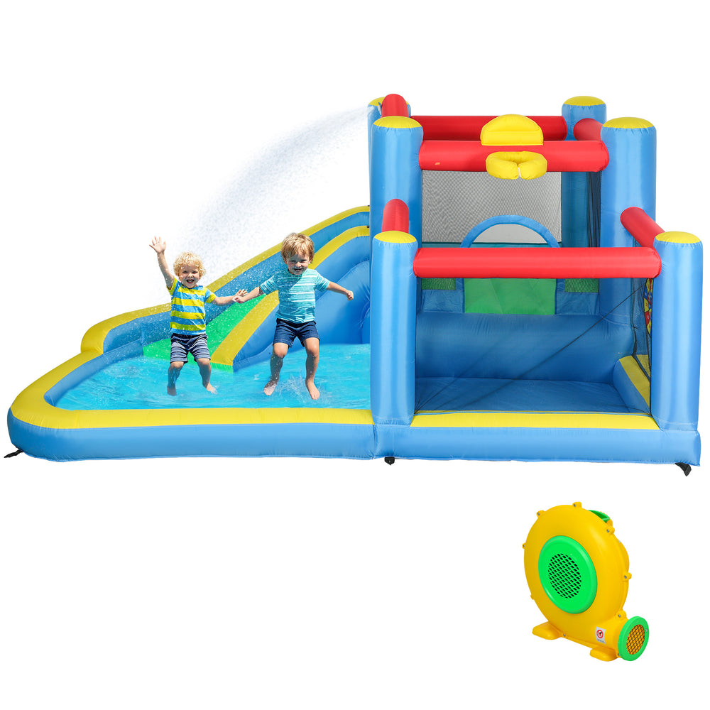 Kids Bouncy Castle with 550W Blower, Water Slide, 2 Wading Pools, Basketball Hoop, Dart Board, 12.6' x 9.5' x 5.9'