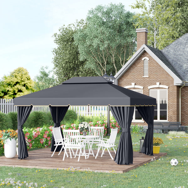 10 x 13 double-roofed gazebo with mosquito net and curtains, black