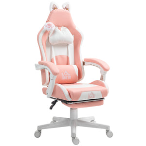 Gaming chair in faux leather with footrest, headrest and lumbar support, pink