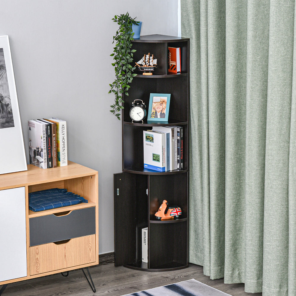 5-Tier Corner Bookcase with Open Compartments and Cabinet, Black