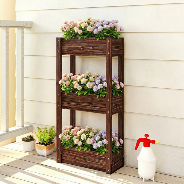 3-tier wooden raised garden bed with legs, drainage holes, and bed liner.