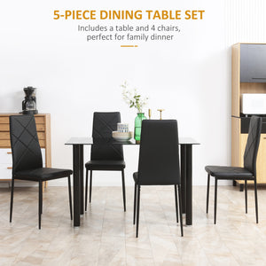 Table and chair set for 4 people, glass table, padded seat and steel frame