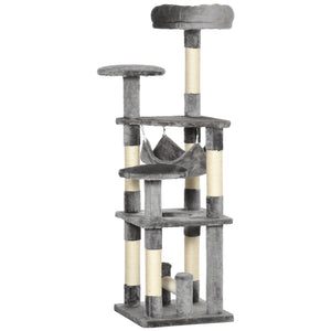 52" Multi-Level Cat Tree, Scratching Post, Playhouse with Hammock - Grey