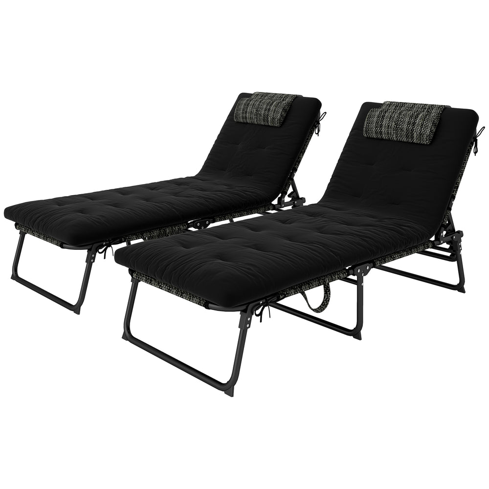 Set of 2 tanning chairs with cushion, side pocket, headrest, black
