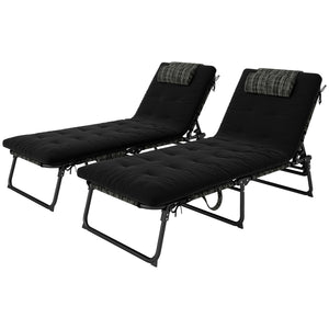 Set of 2 tanning chairs with cushion, side pocket, headrest, black