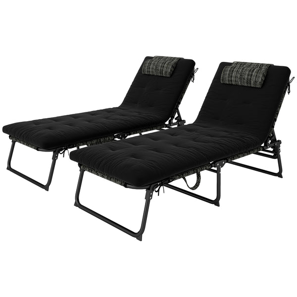 Set of 2 tanning chairs with cushion, side pocket, headrest, black