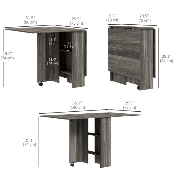 Folding collapsible table with 2-tier shelves and wheels, grey wood look