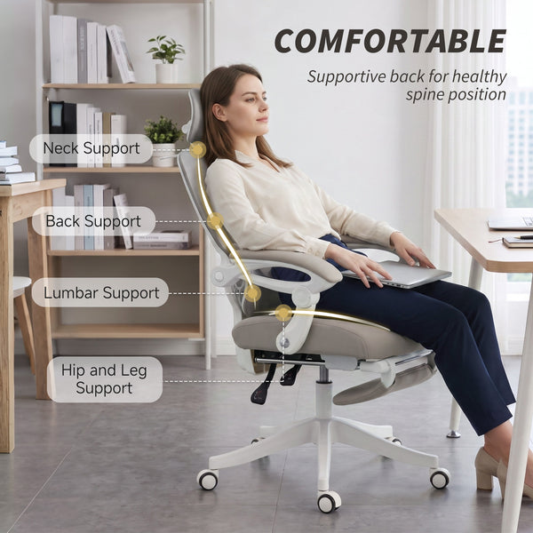 Reclining mesh office chair with footrest, light gray