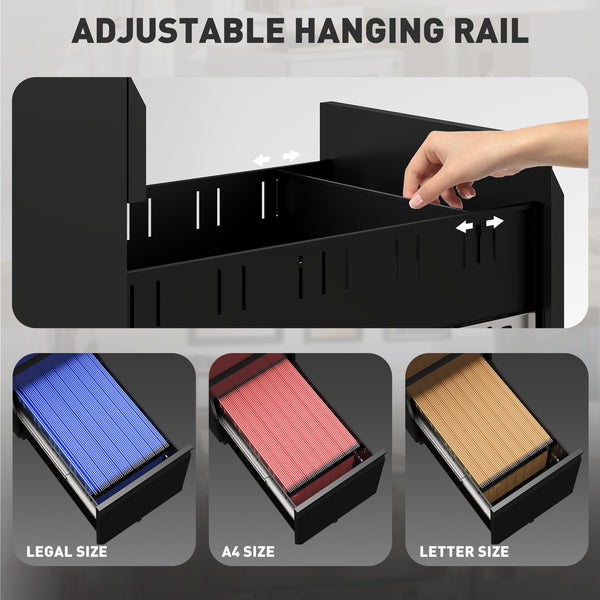 3 Drawer Filing Cabinet with Lock, Steel Office Storage Cabinet with Hanging Bar for A4, Legal and Letter Files, Black