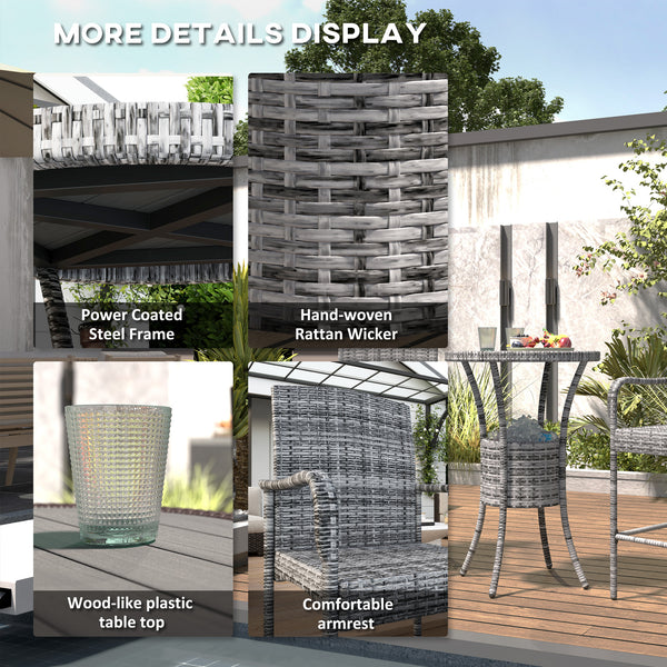 3 Piece Patio Bar Set, Rattan Bistro Table and Chairs, Grey Blend