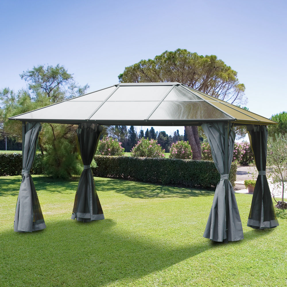 10 x 13 Gazebo with rigid roof, aluminum frame, curtains and mesh side panels - Grey
