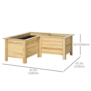 Raised L-shaped planter in natural wood
