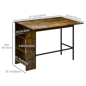 Extendable bar table with adjustable storage shelf, rustic brown