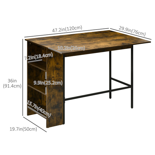 Extendable bar table with adjustable storage shelf, rustic brown