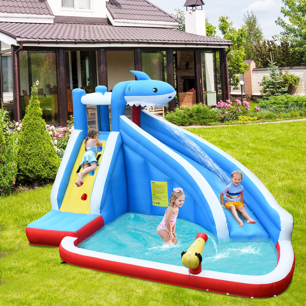 4-in-1 inflatable water park with long slide and 735W blower