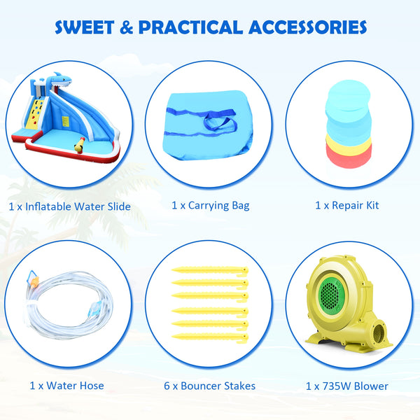 4-in-1 inflatable water park with long slide and 735W blower