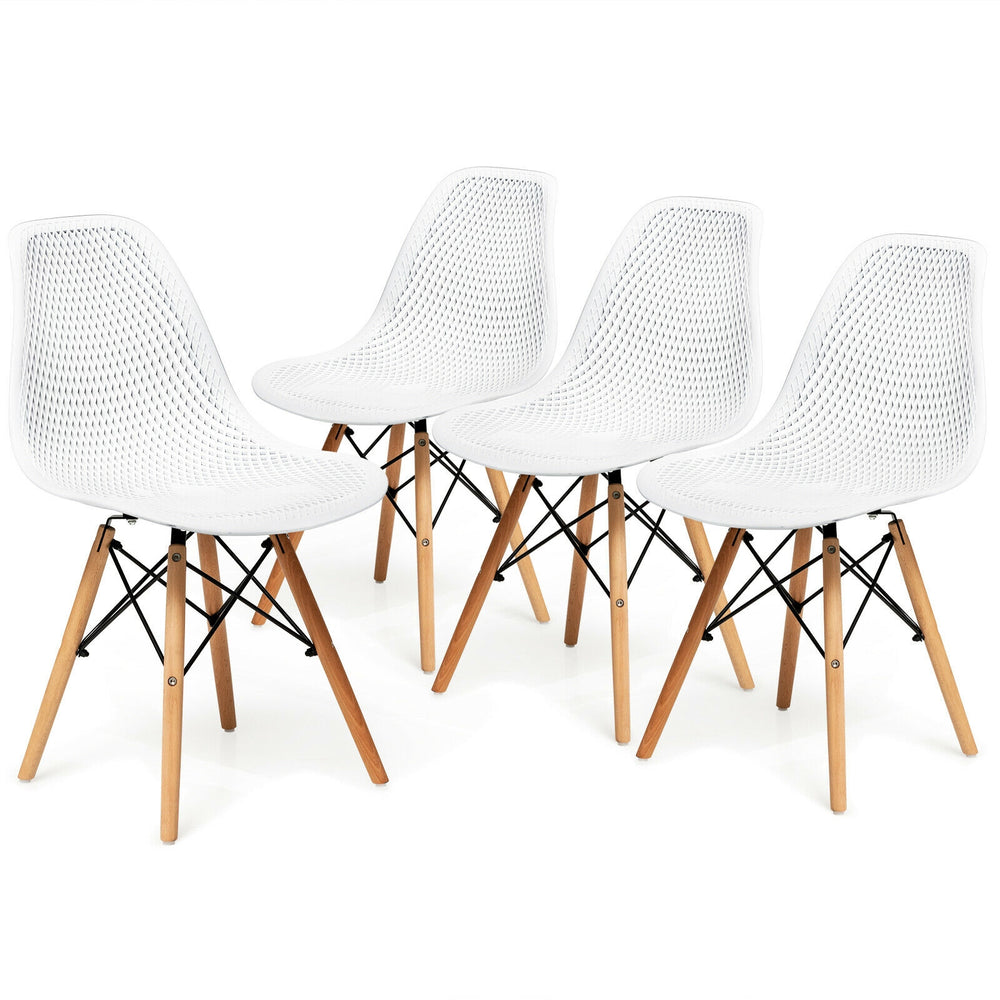 Set of 4 modern hollow plastic chairs with wooden legs - White