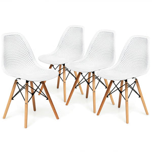 Set of 4 modern hollow plastic chairs with wooden legs - White
