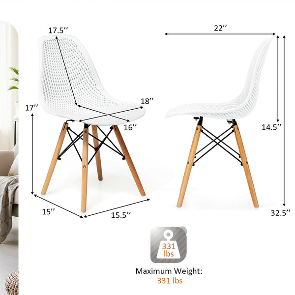 Set of 4 modern hollow plastic chairs with wooden legs - White