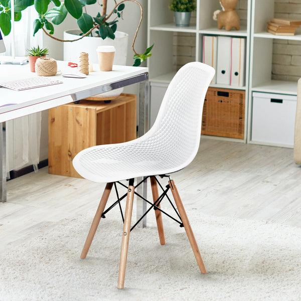 Set of 4 modern hollow plastic chairs with wooden legs - White