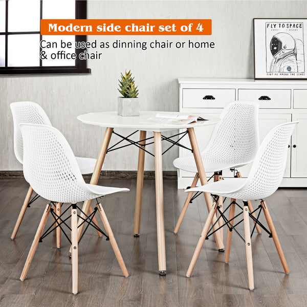 Set of 4 modern hollow plastic chairs with wooden legs - White