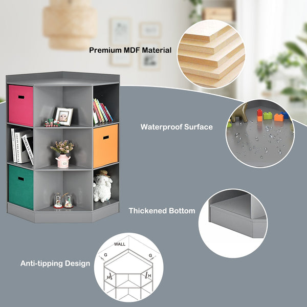 3-tier kids' corner storage shelf with 3 baskets - Grey