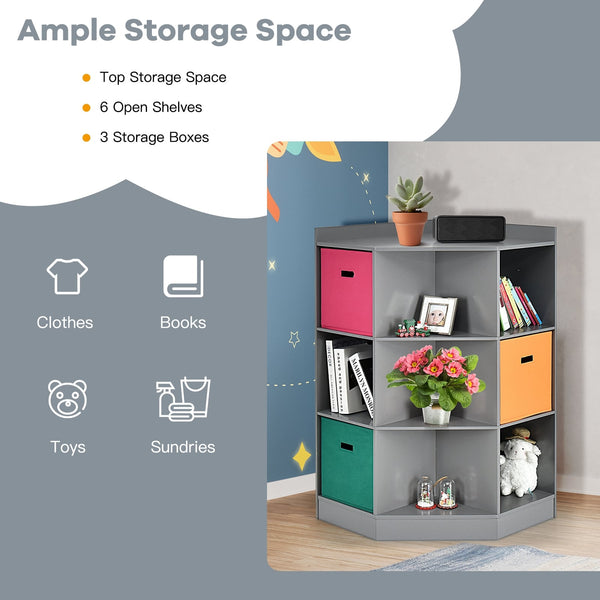 3-tier kids' corner storage shelf with 3 baskets - Grey