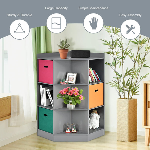 3-tier kids' corner storage shelf with 3 baskets - Grey