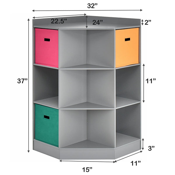 3-tier kids' corner storage shelf with 3 baskets - Grey