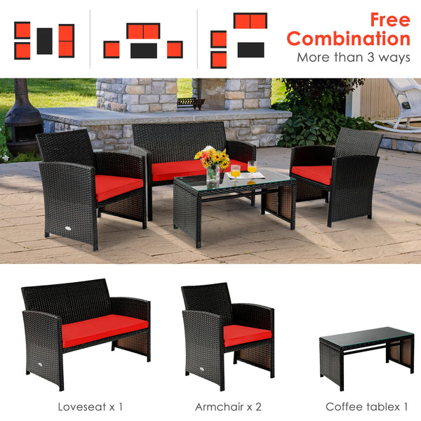 4-Piece Upholstered Rattan Patio Furniture Set - Red