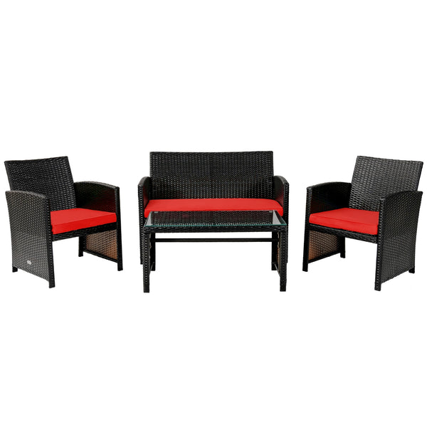4-Piece Upholstered Rattan Patio Furniture Set - Red