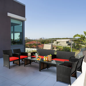 4-Piece Upholstered Rattan Patio Furniture Set - Red