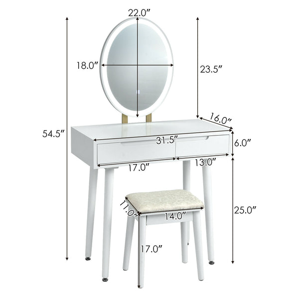 Touch screen vanity table and stool set - White