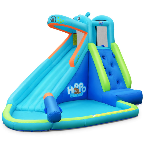 Inflatable water pool with splash and slide, fan-free