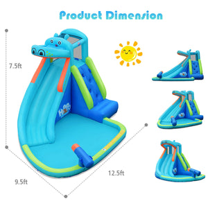 Inflatable water pool with splash and slide, fan-free