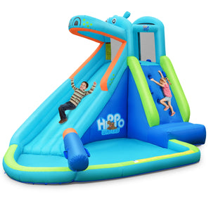 Inflatable water pool with splash and slide, fan-free