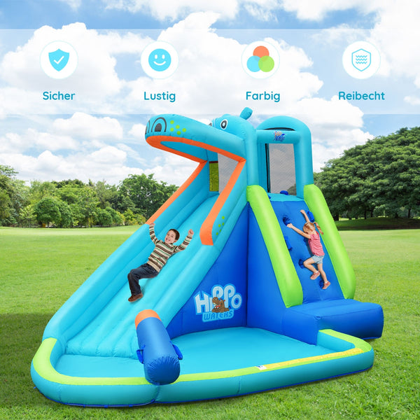 Inflatable water pool with splash and slide, fan-free
