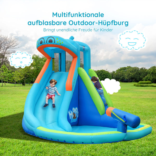 Inflatable water pool with splash and slide, fan-free
