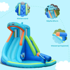 Inflatable water pool with splash and slide, fan-free