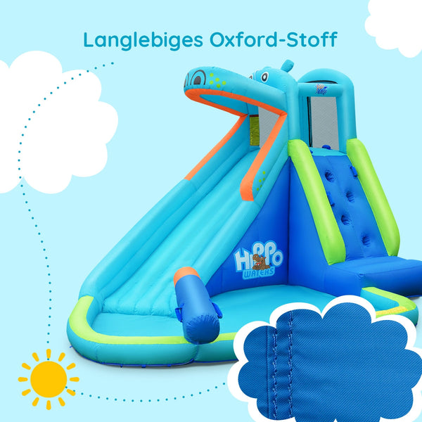 Inflatable water pool with splash and slide, fan-free