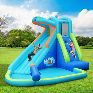 Inflatable water pool with splash and slide, fan-free