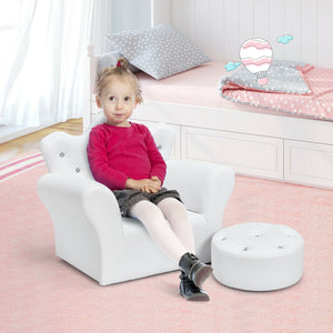 Children's Padded Princess Sofa with Ottoman and Diamond Decoration - White
