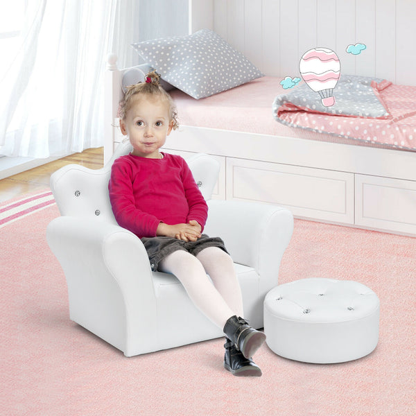 Children's Padded Princess Sofa with Ottoman and Diamond Decoration - White