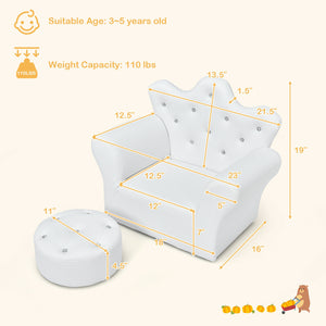 Children's Padded Princess Sofa with Ottoman and Diamond Decoration - White