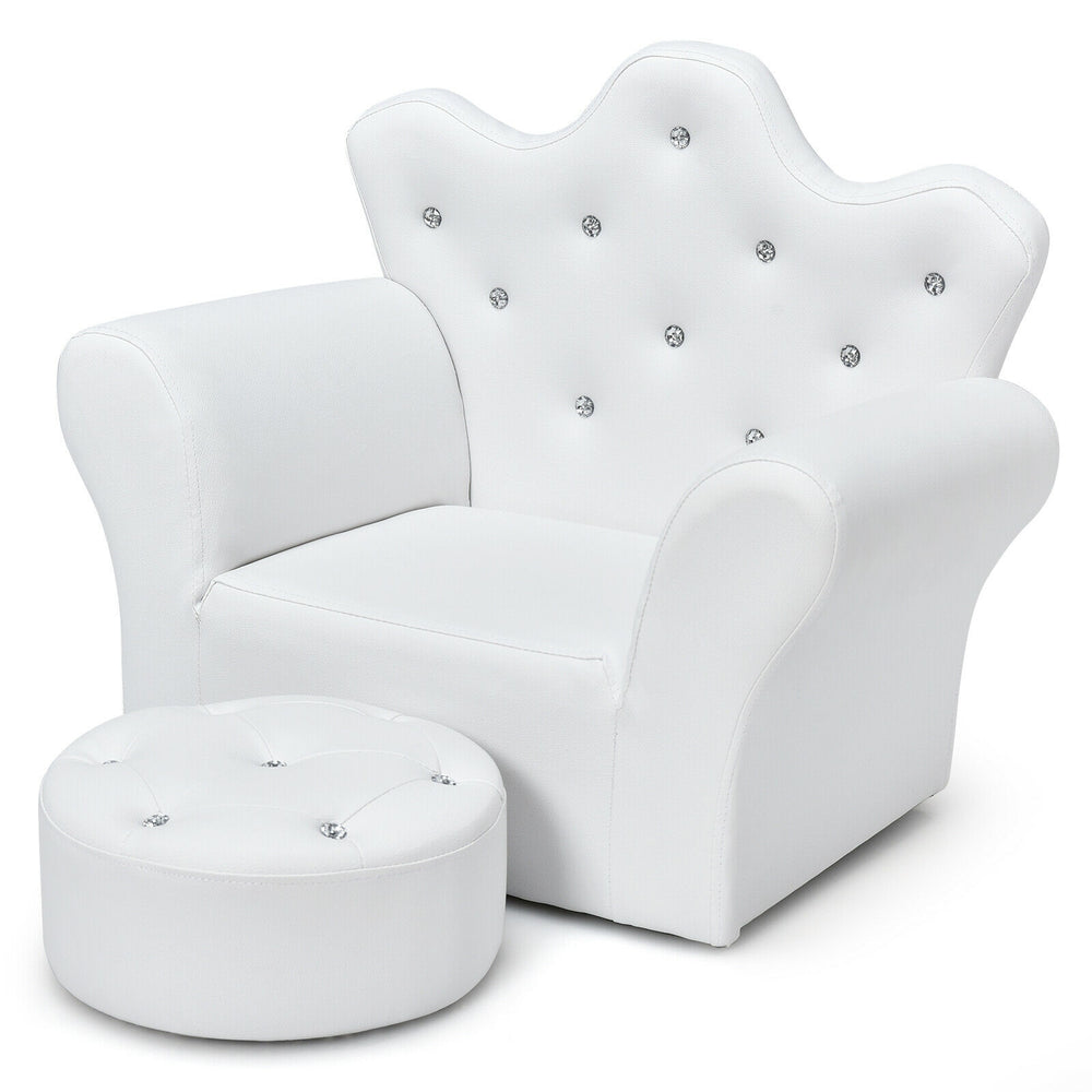 Children's Padded Princess Sofa with Ottoman and Diamond Decoration - White