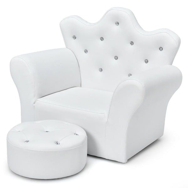 Children's Padded Princess Sofa with Ottoman and Diamond Decoration - White