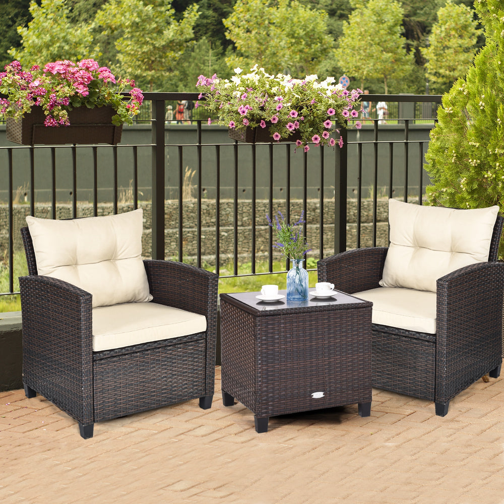 3-Piece Upholstered Rattan Patio Conversation Set with Coffee Table - Beige