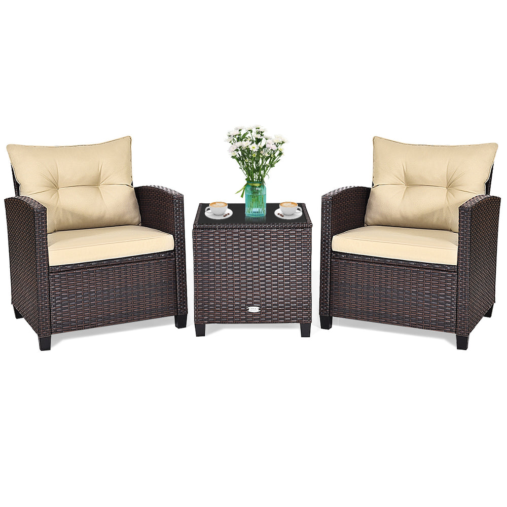 3-Piece Upholstered Rattan Patio Conversation Set with Coffee Table - Beige