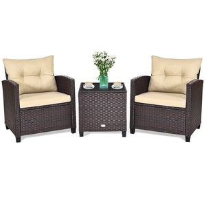 3-Piece Upholstered Rattan Patio Conversation Set with Coffee Table - Beige