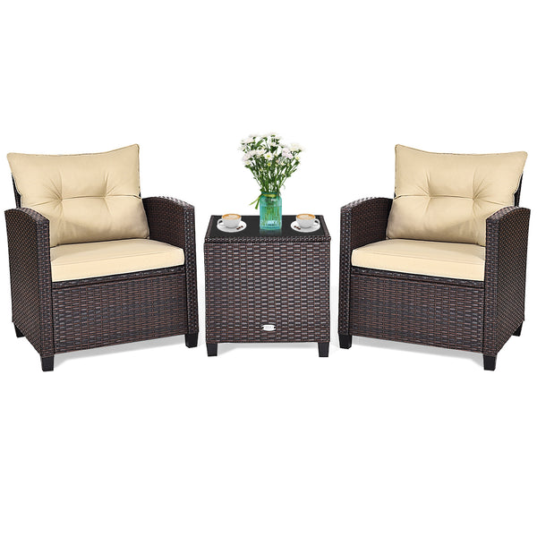 3-Piece Upholstered Rattan Patio Conversation Set with Coffee Table - Beige